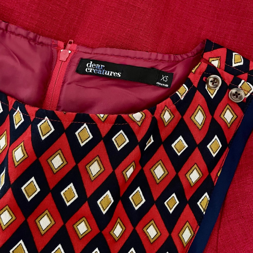 DEAR CREATURES Red Diana Dress Retro 60's A-Line Shift Geometric Diamond X-Small - Picture 11 of 12